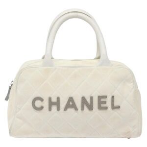 Chanel Vintage Logo Bowler Bag Quilted Canvas White Canvas Handbag